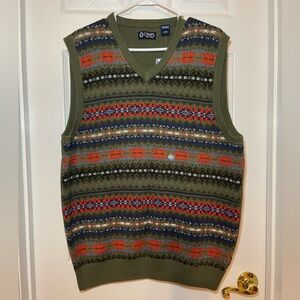 Large Green Chaps Sweater Vest with Orange/Blue Striped V-Neck NWT